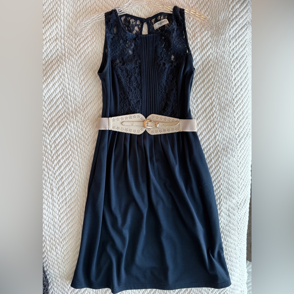 Romy Navy Lace Bodice Midi Dress with Detachable Cream Belt (& Pockets!)